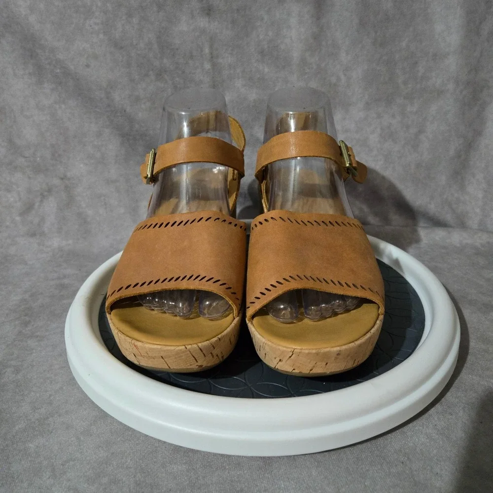 Korks Wedge Sandals Womens 9 Tan Leather Cork Platform Q41806 Whipstitch Boho